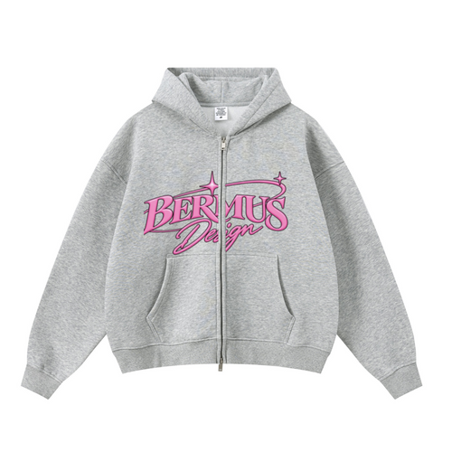 345GSM Unisex Boxy-Fit Double-Zip Hoodie Heathered Grey