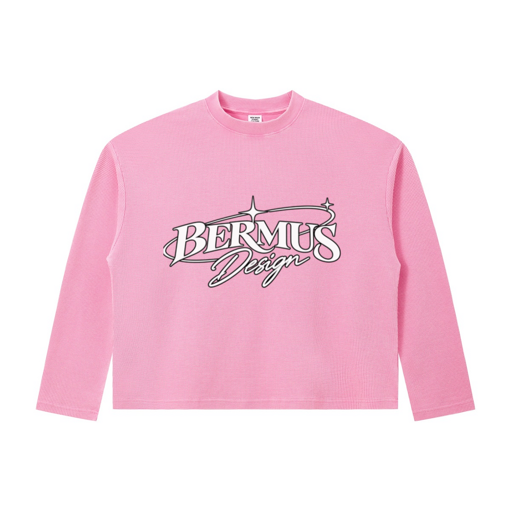 280GSM Men's Vintage Snow-Wash Boxy Waffle Long-Sleeve T-Shirt Rose Pink
