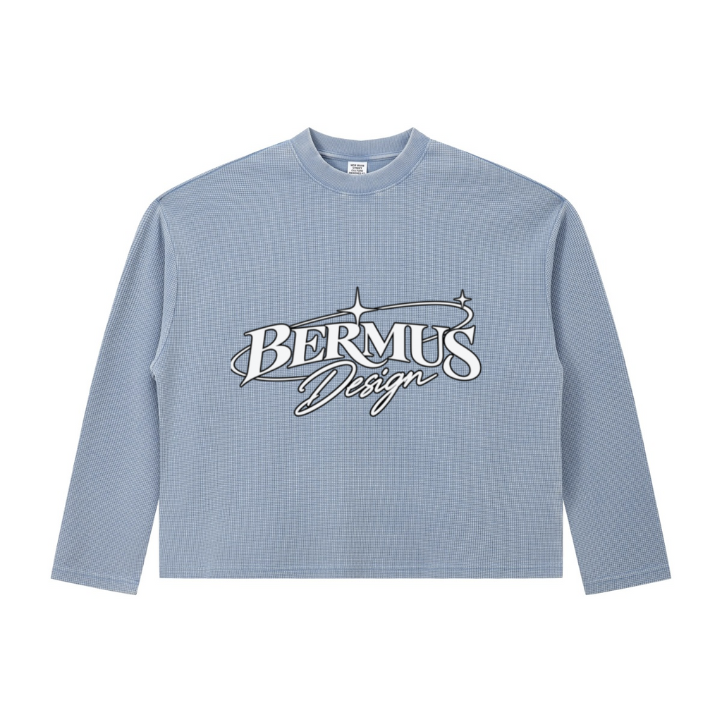 280GSM Men's Vintage Snow-Wash Boxy Waffle Long-Sleeve T-Shirt BABY Blue