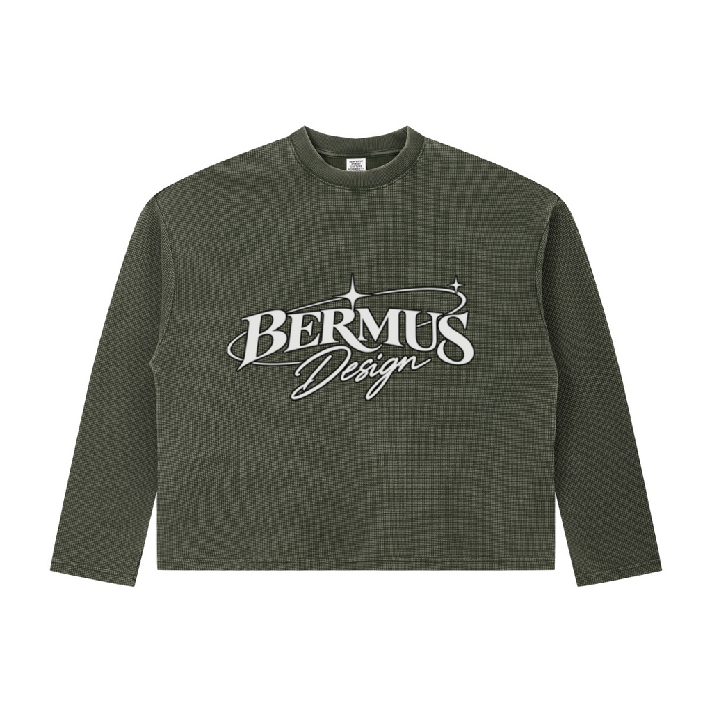 280GSM Men's Vintage Snow-Wash Boxy Waffle Long-Sleeve T-Shirt Olive green