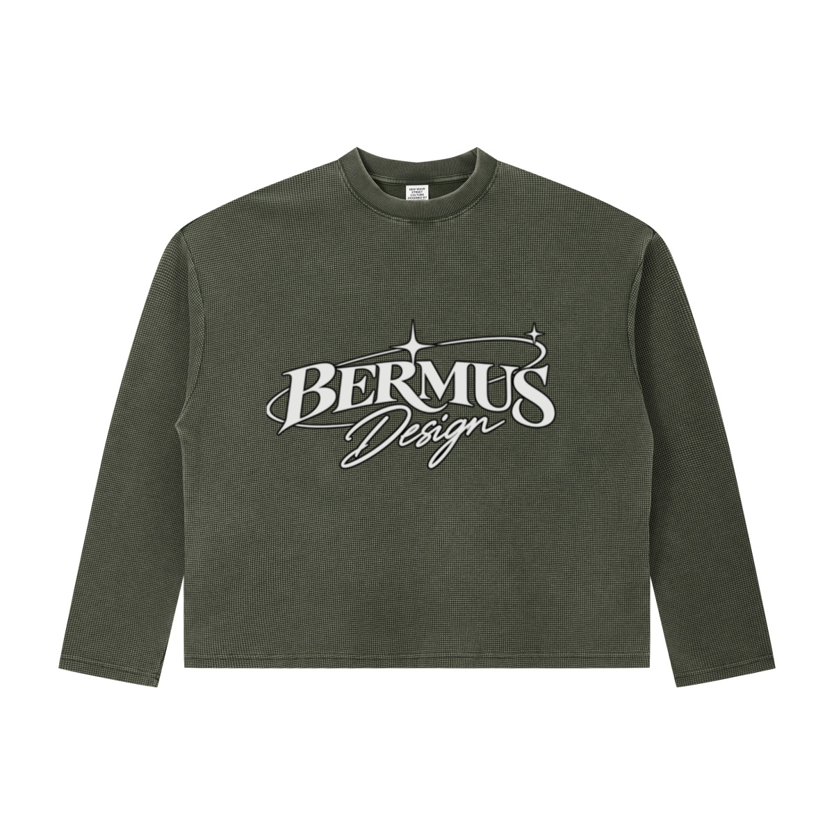 280GSM Men's Vintage Snow-Wash Boxy Waffle Long-Sleeve T-Shirt Olive green