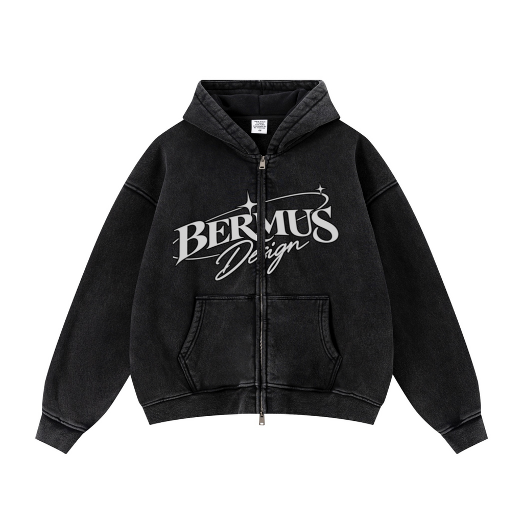 400GSM Unisex Vintage-Wash Boxy-Fit Zip-Up Hoodie Vintage Black