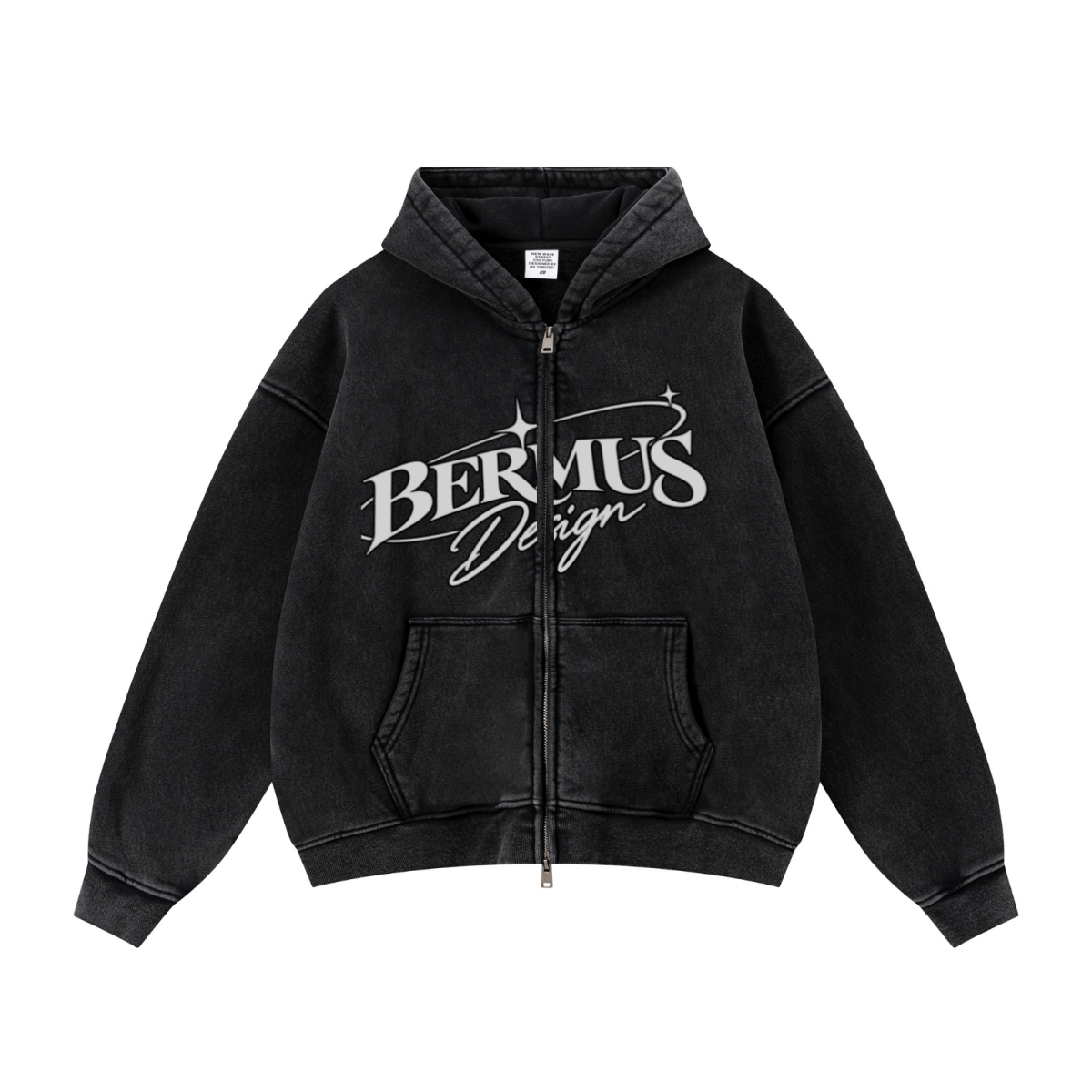 400GSM Unisex Vintage-Wash Boxy-Fit Zip-Up Hoodie Vintage Black