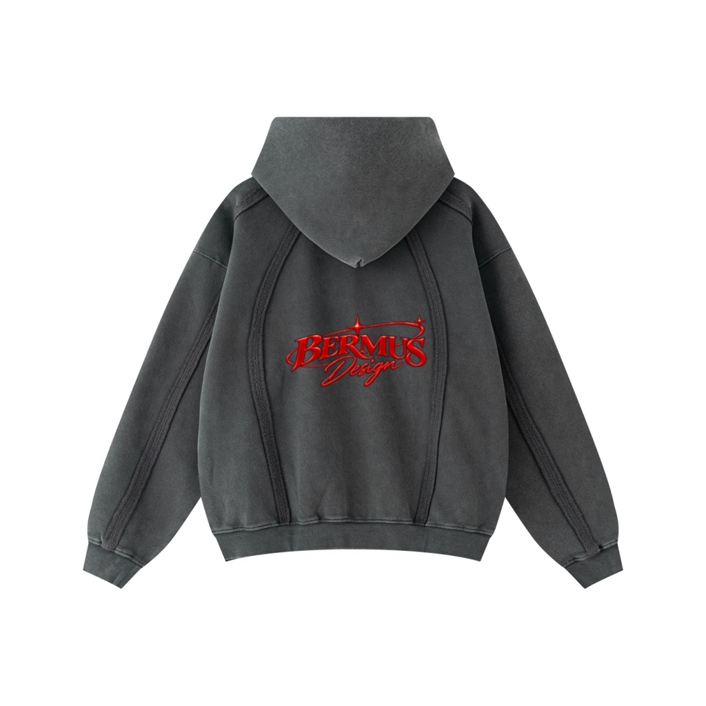360GSM Men’s Structured Panel Raw-Edge Fleece-Lined Distressed Snow-Wash Zip-Up Hoodie Snowflake Grey