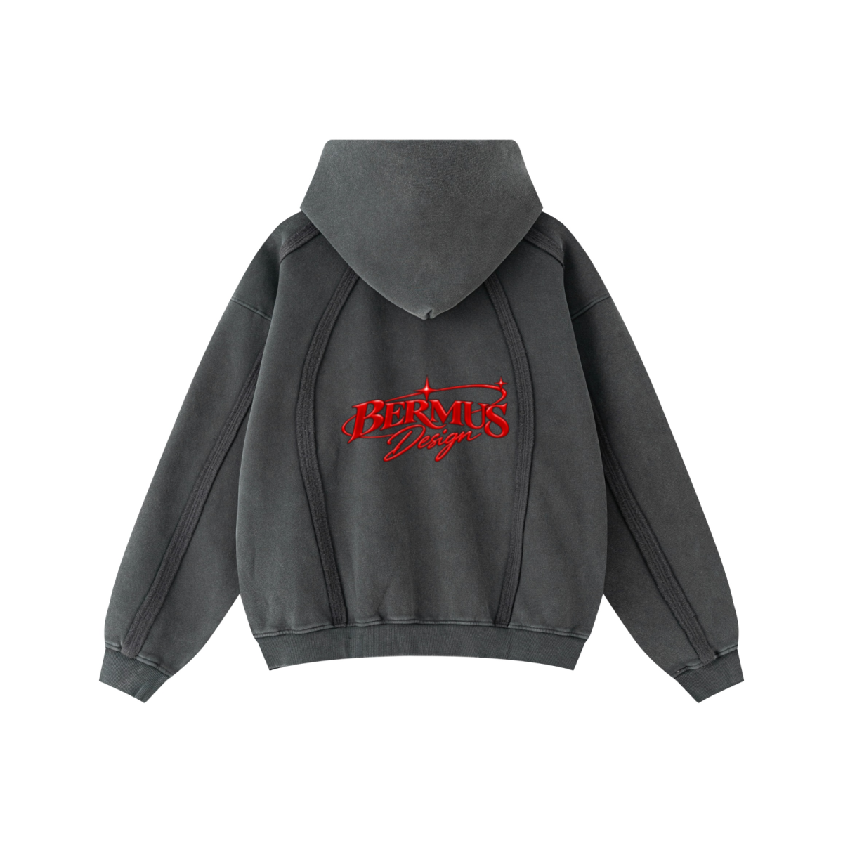 360GSM Men’s Structured Panel Raw-Edge Fleece-Lined Distressed Snow-Wash Zip-Up Hoodie Snowflake Grey