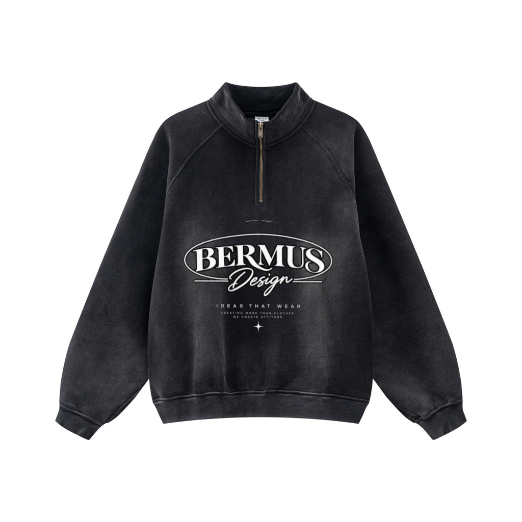 360GSM Unisex Monkey Wash Fall&Winter PP-Sprayed  Half-Zip Stand Collar Sweatshirt Black