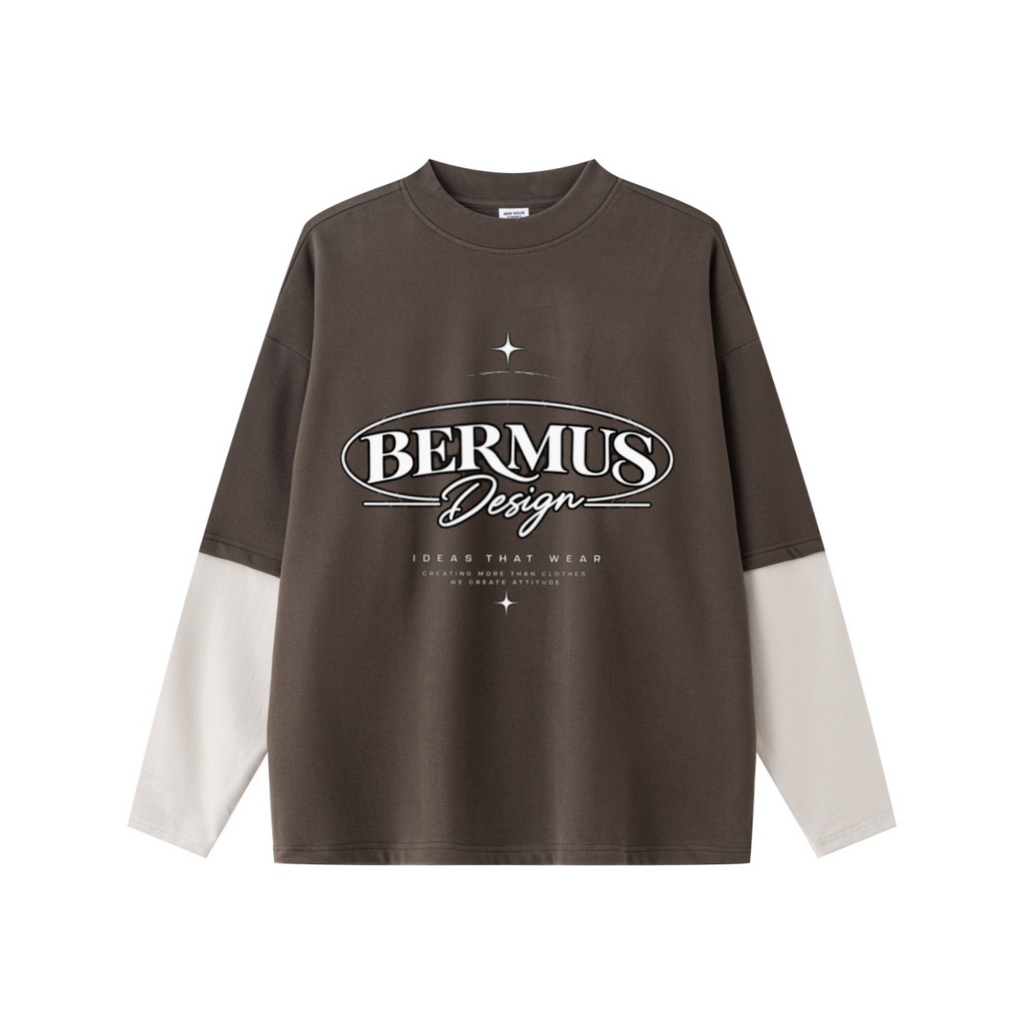 320GSM Unisex Faux Layered Solid Color Base Layer Long-Sleeve Coffee/Grey Apricot