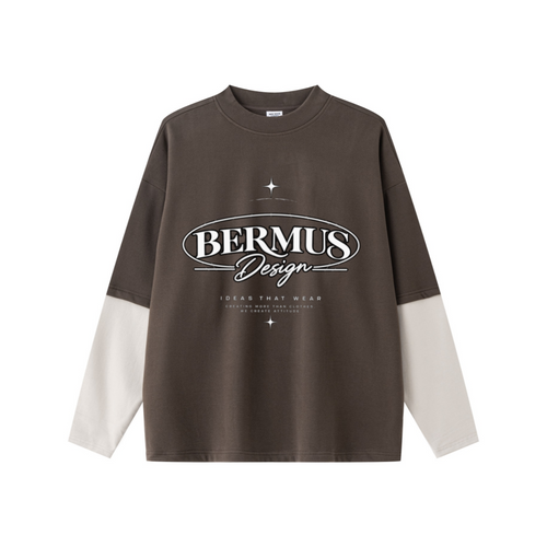 320GSM Unisex Faux Layered Solid Color Base Layer Long-Sleeve Coffee/Grey Apricot