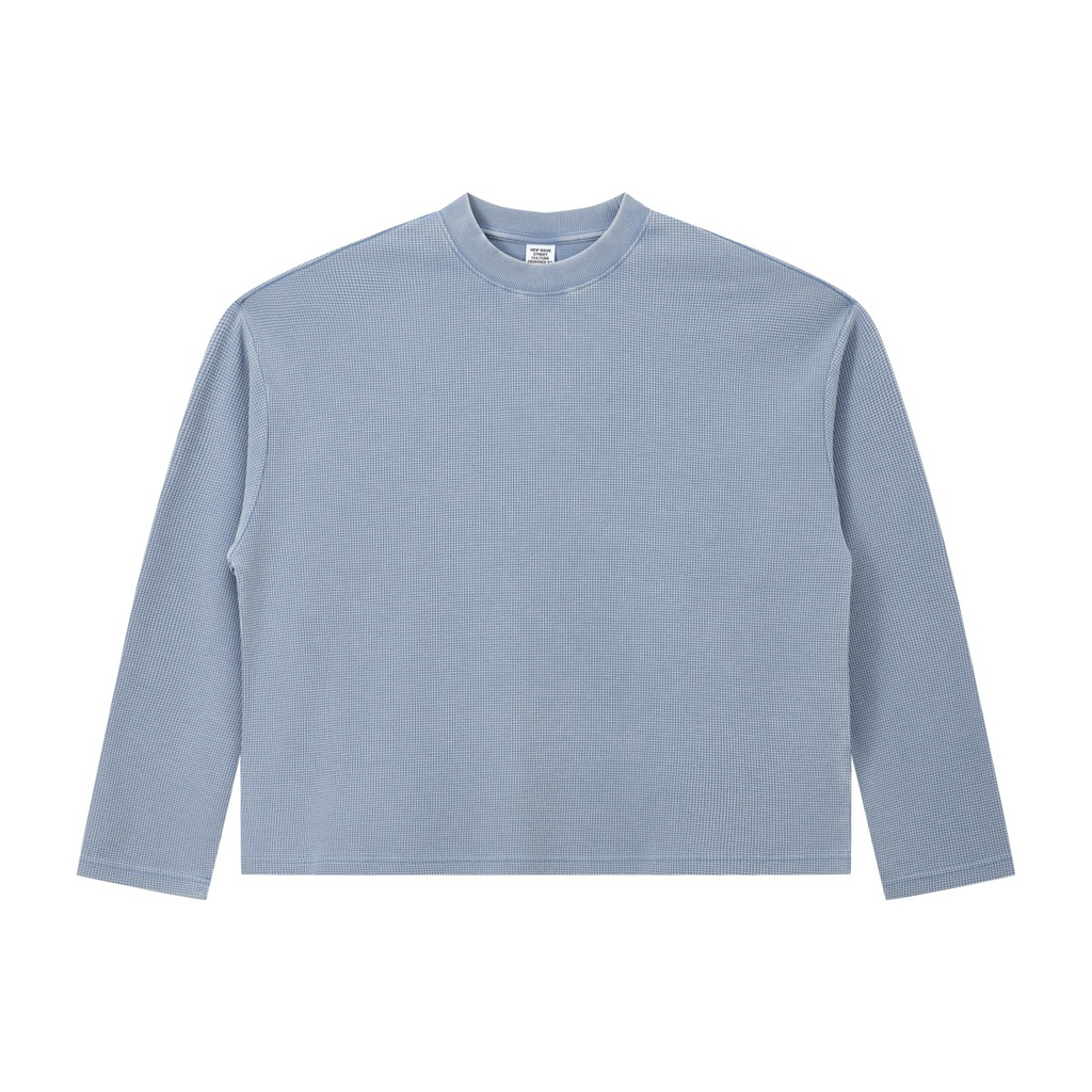 280GSM Men's Vintage Snow-Wash Boxy Waffle Long-Sleeve T-Shirt BABY Blue