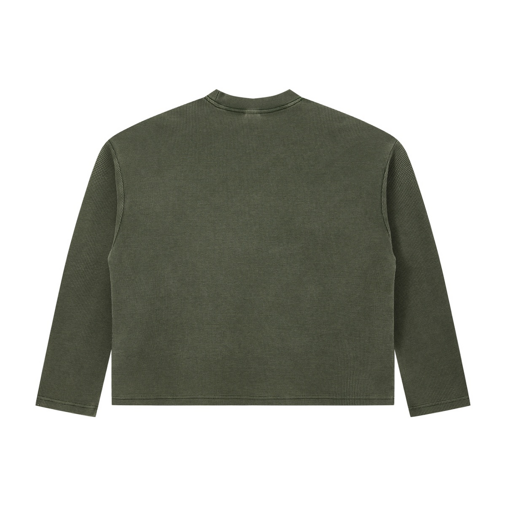 280GSM Men's Vintage Snow-Wash Boxy Waffle Long-Sleeve T-Shirt Olive green