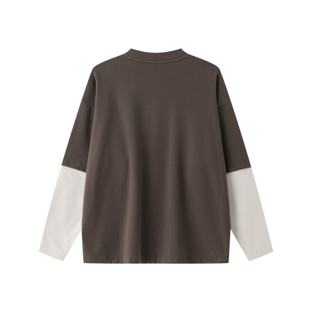 320GSM Unisex Faux Layered Solid Color Base Layer Long-Sleeve Coffee/Grey Apricot