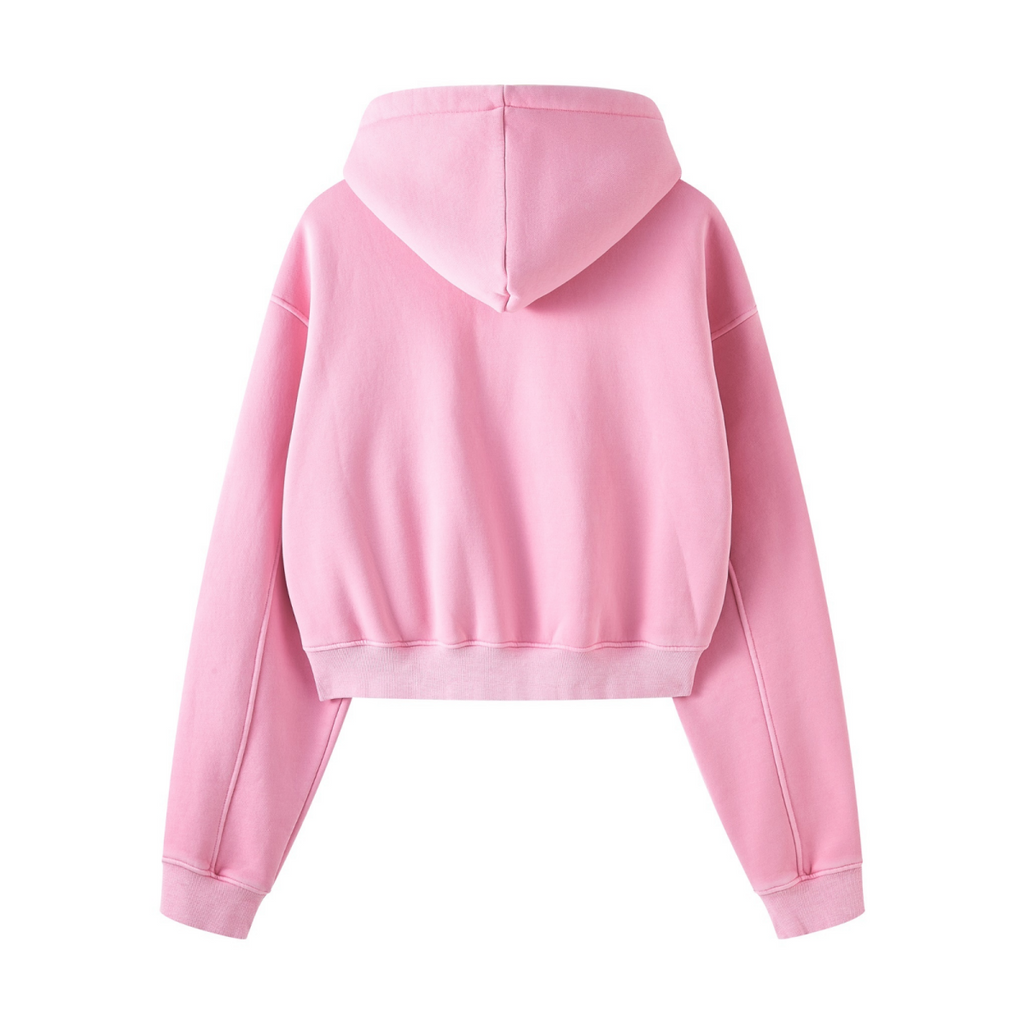 400GSM Women’s Vintage-Wash Cropped Zip-Up Hoodie Rose Pink