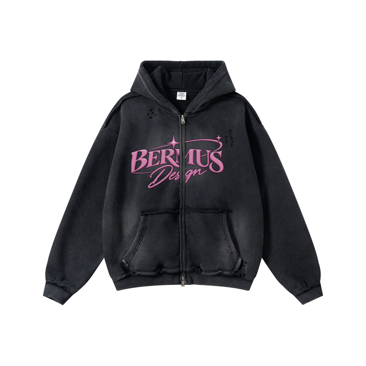 400GSM Men's Distressed Raw-Edge Zip-Up Hoodie Black
