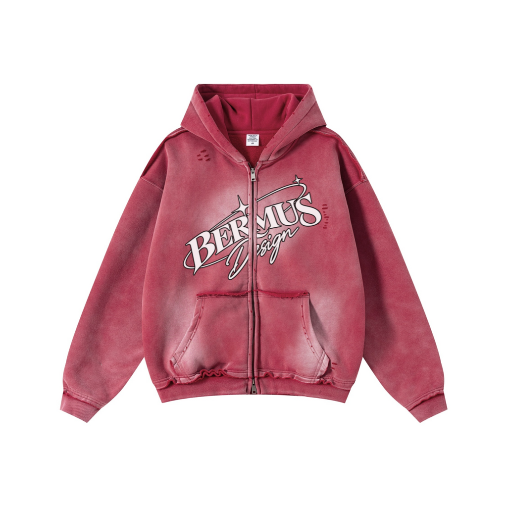 400GSM Men's Distressed Raw-Edge Zip-Up Hoodie Red