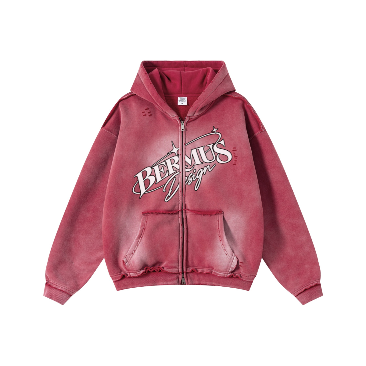 400GSM Men's Distressed Raw-Edge Zip-Up Hoodie Red